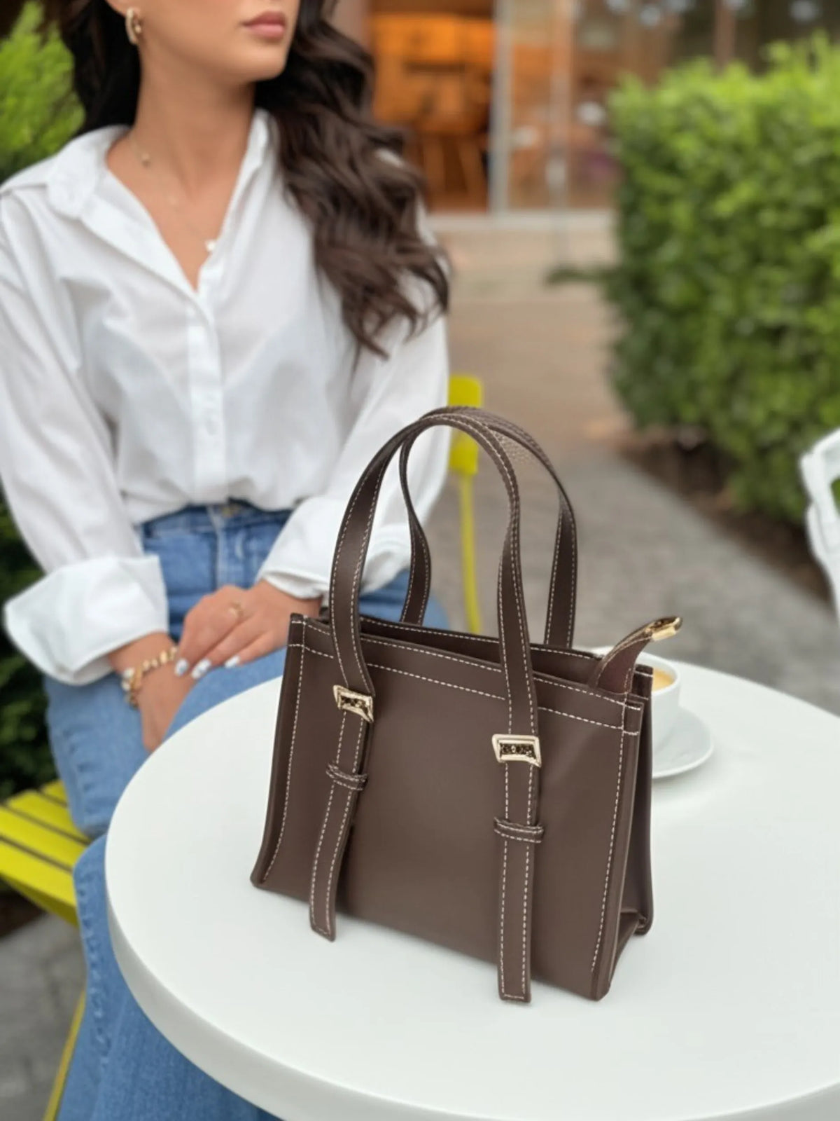 BLISS Dikiş Detaylı Çıkarılabilir Askılı El ve Omuz Çantası Acı Kahve