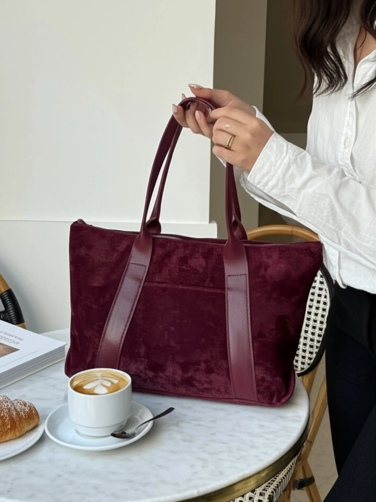 ELLY Büyük Boy Süet Tote Omuz Çantası Cherry